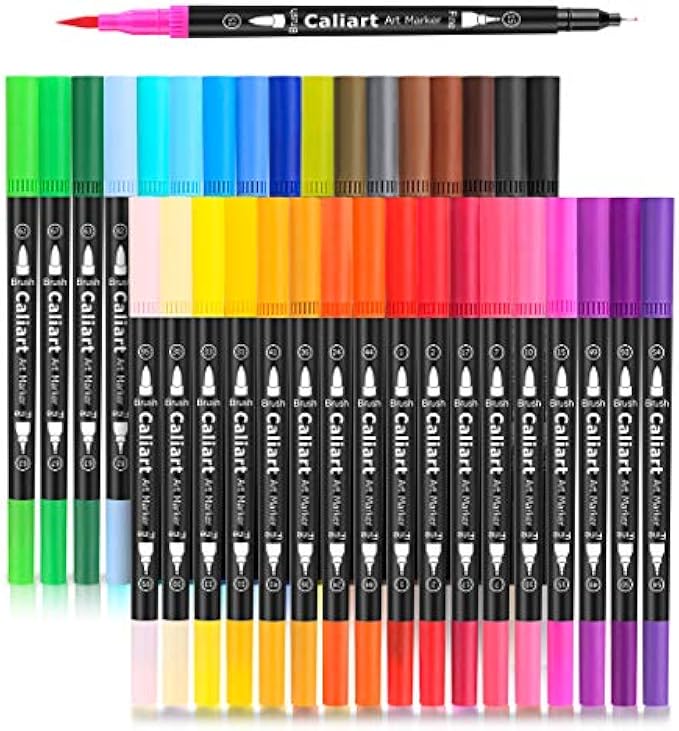 Caliart 34 Double Tip Brush Pens Art Markers, Aesthetic Cute Preppy Stuff School Supplies, Artist Fine & Brush Pen Coloring Markers for Kids Adult Book Cards Drawing Craft Kit Teacher Office Supplies