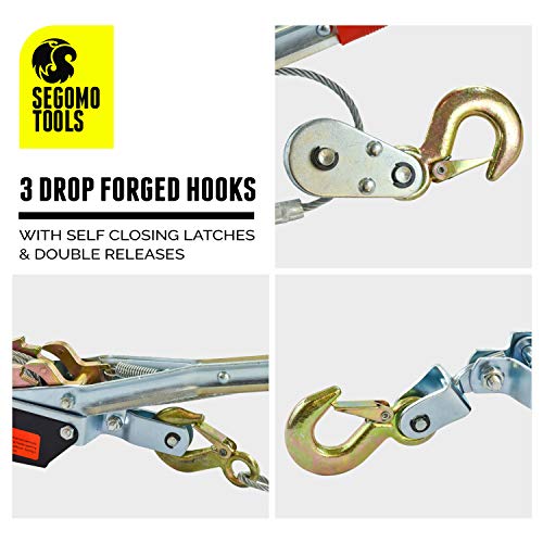 Segomo Tools 2 Ton Heavy Duty 3 Hook Steel Cable Dual Gear Power