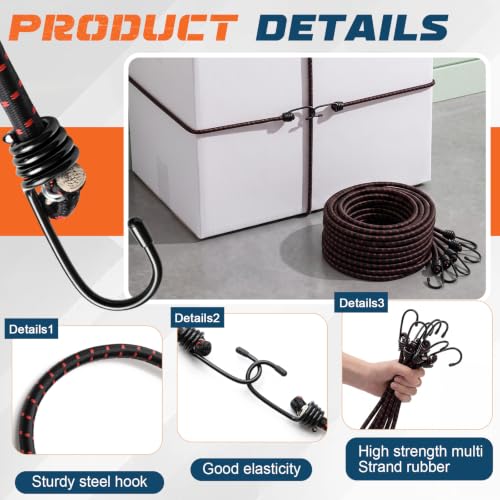 Image of Extra Long Bungee Cords with Hooks 0.39 Inch Thick Heavy Duty Bungee Straps for Outdoors, Camping, Rvs, Bikes, Cargo (Black+red,120 Inch,6 Pcs)