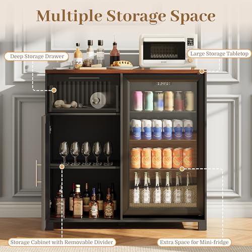 Image of 38.6 inch Long Fluted Mini Fridge Cabinet with Power Outlet & Drawer, Black