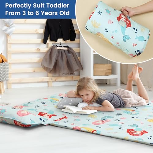 Image of PHF Soft Toddler Nap Mat with Removable Pillow, Rollup Design Kids Sleeping Mat, Slumber Bags for Girls, 50 inchx20 inch Toddler Sleeping Bag for Daycare Preschool Travel Camping, Cute Mermaid