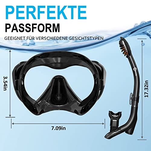 Foto von Dorlle Schnorchelset, Neu Verbesserte Panorama Schnorchelmaske, wasserdichte Tauchmaske Anti-Fog Anti-Leck aus Gehärtetem Glas, mit 3-Kanal Premium Dry Schnorchel für Erwachsene, Schwarz