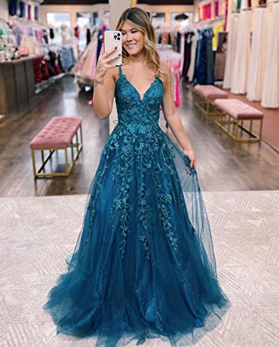 Plus Size Prom Dresses Peacock Girls Specail Occasion Dresses Spaghetti Strap V Neck Lace Applique Prom Dresses Glitter Tulle Evening Ball Gowns Xxl Us16W #TOP2