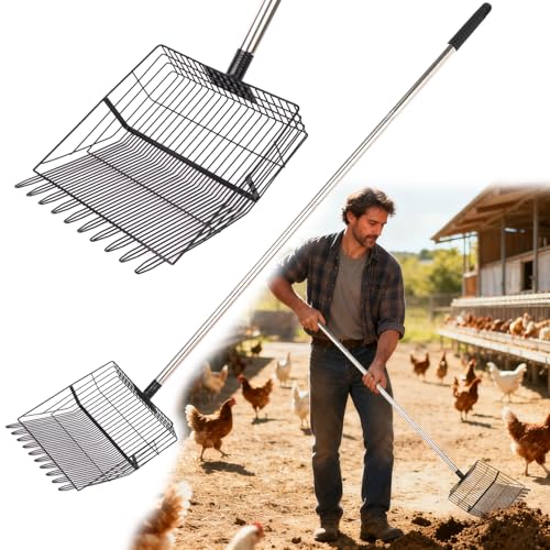 Reptilux Heavy Duty Chicken Poop Scooper Adjustable Long Handle - Stainless Steel Sifter Shovel for Sand & Hemp Bedding - Metal Coop Scoop Rake - Chicken Accessories for Poultry Dog & Cat Litter