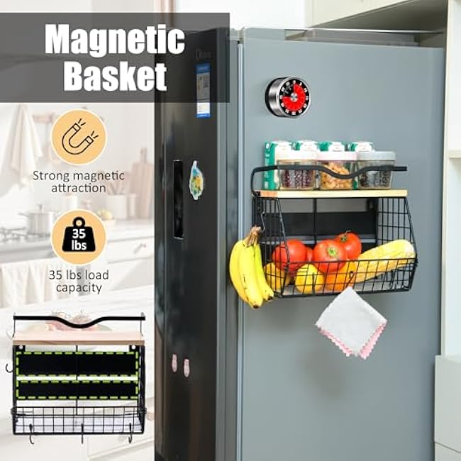 2 Set magnetic refrigerator shelf with Wood Lid, Fruit and vegetable snack storage box,magnetic fridge basket, Large Container magnetic shelf for refrigerator, Kitchen Counter, Cabinet