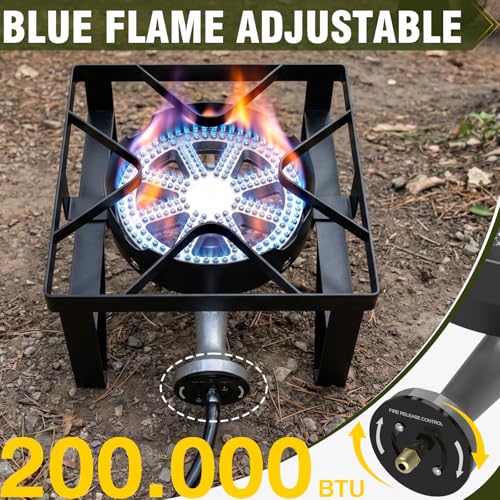 Image of BESTFIRE 200,000 BTU Heavy-Duty Propane Burner - Outdoor Stove with 0-20Psi Adjustable Regulator & Black Hose - Ideal for Home Brewing, Turkey Frying, Camping & Backyard Cooking