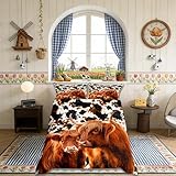 Highland Cattle Duvet Cover Set Twin Size, Rustic Farmhouse Milk Cow Skin Fur Print Comforter Cover with 1 Pillow Sham, Brown Western Wild Animal Bedding Sets for Kids Bedroom, (No Comforter)