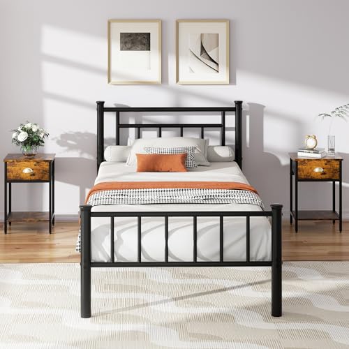Image of Shintenchi Twin Size Bed Frame with Headboard and Footboard, Metal Mattress Foundation with Under Storage, Steel Slats, No Box Spring Needed, Noise Free, Red Round