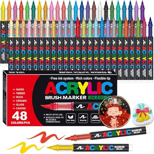 Image of Acrylic Paint Markers Brush Tip Set (48 Colors) | Water-Based Paint Pens with Direct Ink System | Art Markers for Rock Painting, Canvas, Glass, Wood, Fabric & DIY Crafts