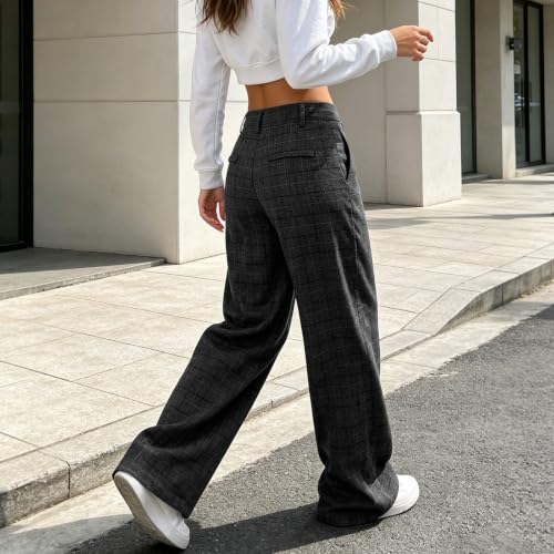 Womens Plaid Straight Leg Pants High Waist Pocket Checked Casual Trousers - image 5