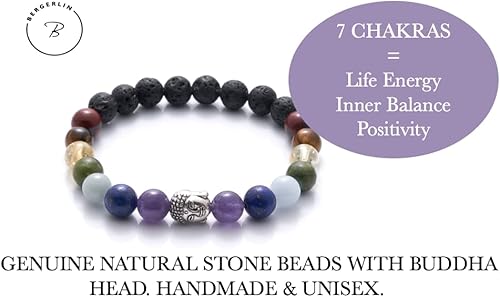 Miniatura 3 de BERGERLIN - Pulsera de 7 chakras con piedra natural genuina y perlas de piedra de lava - Pulsera Real Seven Chakra - Calidad Certificada