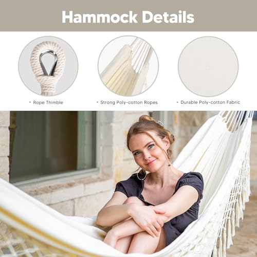 Image of SUNCREAT Portable Outdoor Hammock with Stand Included, Double Hammock with Tassel for Outside, Beige