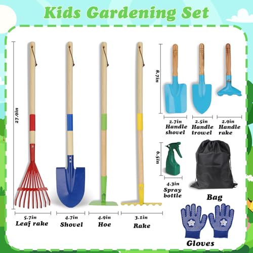 Kids Gardening Tools, 10PCS Kids Garden Tool Set with Rake, Spade, Hoe and Leaf Rake, Wooden Gardening Tools for Kids, Outdoor Toys Gift for Boys and Girls - Thumbnail 3