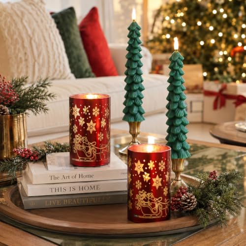 Image of Lezonic Christmas Flameless Candles with Remote, Green Christmas Tree Flickering Battery Operated Window Candlesticks, Red Glass Xmas New Year Decorations Gifts, Set of 4 Real Wax LED Candles