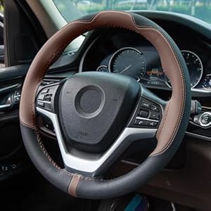 BOKIN Thin Leather Stitch Steering Wheel Cover Women and Men, Sew On Steering Wheel Wrap,Universal Fit 14.5-15 Inch, Steering Wheel Protector Lace Up, Brown