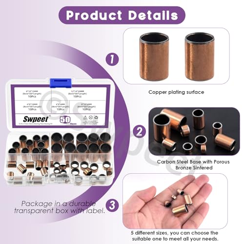 Swpeet 50cs 5 Größe mm × 8 Löcher × 10 × 12 Löcher × 14 mm Hülsenlager Sortiment Kit, Gleitlager eingewickelt ölige Steckdosen, Bronze Sinterhülse Lager