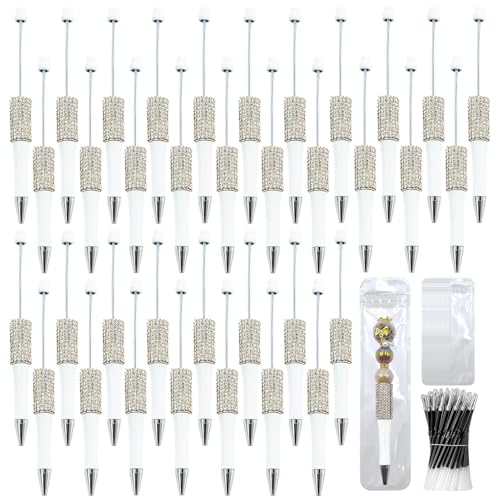 Image of 75 Pcs DIY Diamond Beadable Pen Kit - 25 Plastic Rhinestone Beaded Pens Bulk with Refills & Bags - Fancy Cute Glitter Pens for Crafting, Students & Teachers - School Supplies (White)