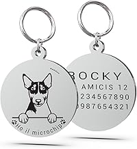 MAMIPets Medaglietta Dog Design Blocco 2 [Ent-Pug] - 200 Razze Canine, Acciaio Inox Fondo Specchio, Incisione Laser Nera Permanente (Miniature Bull Terriers, Medium)
