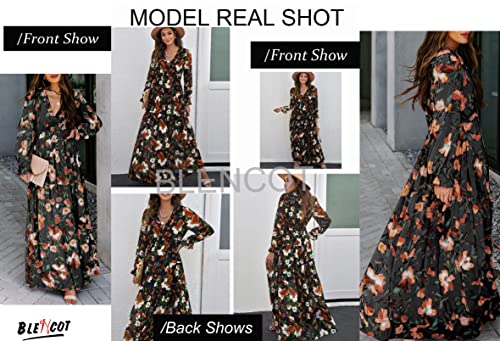 Image of BLENCOT Womens Casual Boho Floral Printed V Neck Long Sleeve Long Maxi Dress Spring Summer Dresses