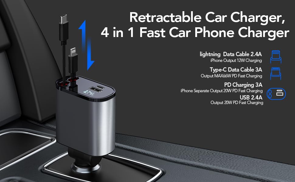 Image of ZURATO 4 in 1 Retractable Car Charger | Car Charger with USB Ports & 2 Built-in Cables (31.5 inch) | Compatible with iPhone, Android, iPad, Tablets