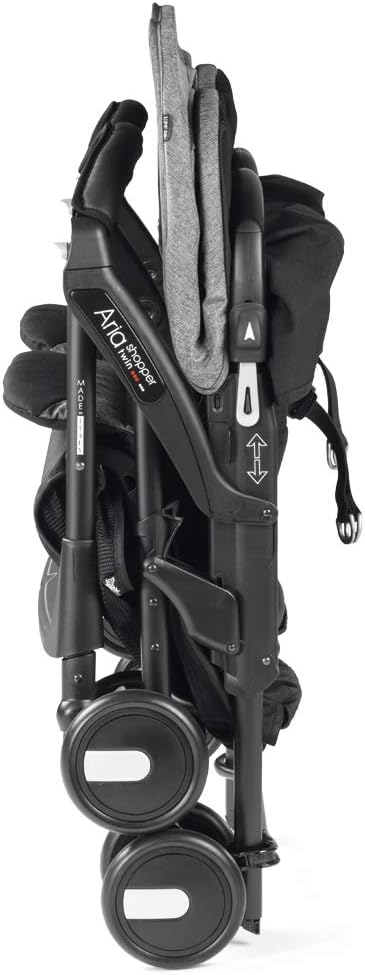 צַד view of the Peg Perego Aria Shopper Twin Stroller in its compact folded state.