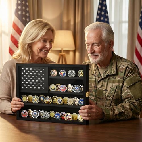Image of TJ.MOREE Challenge Coin Display Case for Collection Wall Mount Black Wood | 13x15.8inches, American Flag Design & Hidden Storage Compartment