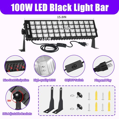Image of 2 Pcs 100W LED Black Light Bar, IP66 Waterproof Blacklight with 6ft Cord Switch, Black Lights for Neon Glow Party Fluorescent Poster Body Paint Birthday Bedroom Classroom Halloween Christmas