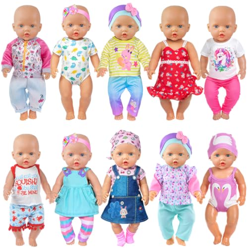 ebuddy 10er-Pack Baby-Puppenkleidung für 43cm / 17 Zoll Neugeborene Babypuppen, Fashion Doll Kleidungsset mit passenden Stirnbändern und Kleid (Keine Puppe)