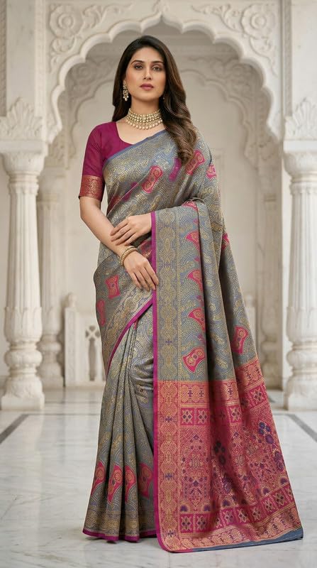 Image of C J Enterprise Women's Pure Soft Silk Saree With Blouse Piece For Wedding (Damru-Patola)
