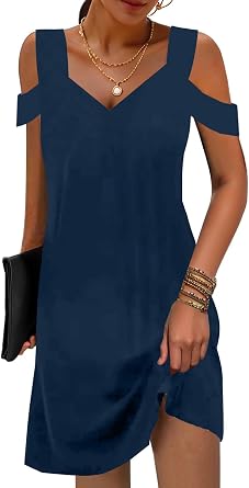 SAUKOLE Womens Sexy Cold Shoulder Dresses Summer Casual Dress Loose Fit Knee Length Dress
