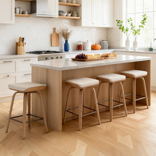 BESTANO Swivel Bar Stools Set of 4 for Island Kitchen 26 Inch Modern Backless Wood Counter Height Bar Stools Linen Upholstered 360 Swivel Bentwood Saddle Seat Beige