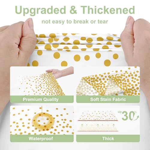 Image of Smiry Plastic Table Cloth Disposable 4 Pack, 54 x 108 Inch Rectangle Waterproof Tablecloth, Printed Gold Table Runner Style for Birthday Weeding, Party Decorations, Leakproof & Sturdy, White and Gold