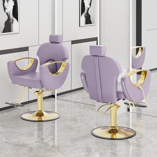 Image of Barber Chair, Reclining Hair Salon Chair, 360 Degrees Swivel Styling Chair, Height Adjustable Hydraulic Shampoo Chairs, Spa Equipment (Purple)