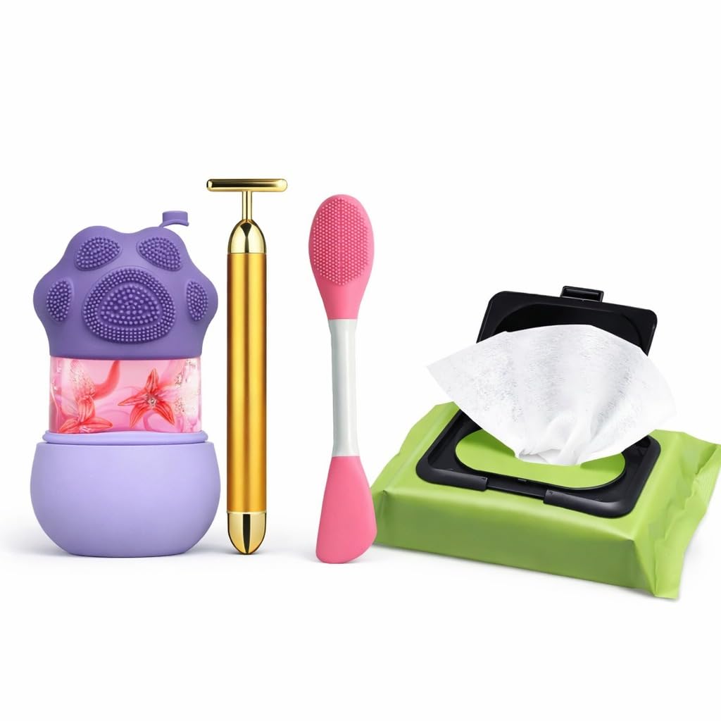 Glow & Go Skincare Kit for Women – Ice Roller, Gold Face Massager, Facial Cleansing Brush & Makeup Remover Wipes | Home Facial Kit & Beauty Gift Set-image-17