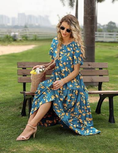 Image of YESNO Women Casual Loose Bohemian Floral Dress with Pockets Short Sleeve Long Maxi Summer Beach Swing Dress EJF