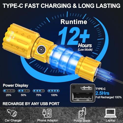 Image of Banral Flashlights High Lumens Rechargeable, Super Bright Long Range Small Powerful Flashlight, 6 Modes LED Tactical Pocket Waterproof Flash Light for Home Emergency (2, Yellow Gold)