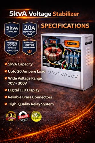 Image of MuscleGrid 5 kVA Mainline Voltage Stabilizer (70V-300V) for Home Appliances | Heavy Duty Metal Body | Digital Voltage Display | White (70V-300V (Output 230v))