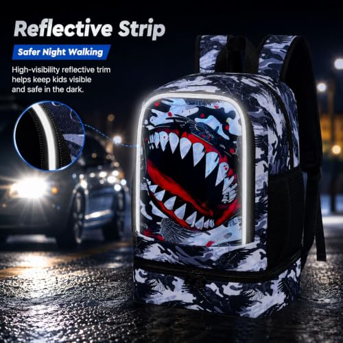 Image of 2 In 1 Shark Backpack for Boys, 17 inch Kids Bookbag with Lunch Box, School Backpacks for Elementary Preschool Kindergarten (Black)