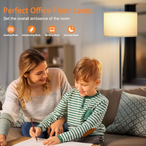 Image of Ambimall 60'' Modern Floor Lamp with Remote, Tall Lamps for Living Room, Bedroom, Office, Dining Room, Beige Shade with Black Pole(Included Bulb)