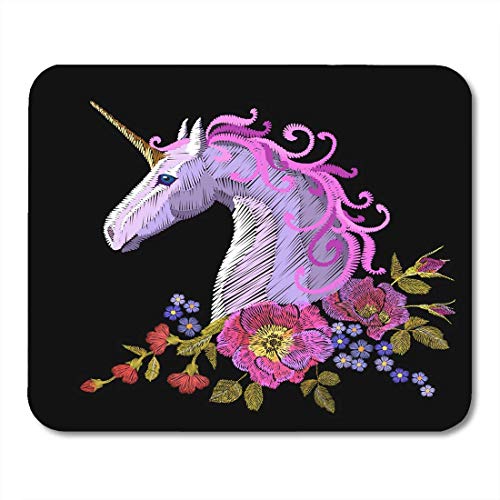 Preisvergleich Produktbild Mauspads Fantasie Stickerei Patch Aufkleber Rosa Violette Mähne Pferd Blume Arrangieren Mohn Rose Cartoon Abzeichen Mauspad für Notebooks, Desktop-Computer Matten Bürobedarf 10x12 Zoll