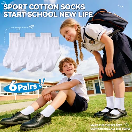 Image of Eyean Kids Athletic Crew Socks Boys Girls Cotton School Uniform Casual Basic Socks 6 Pairs