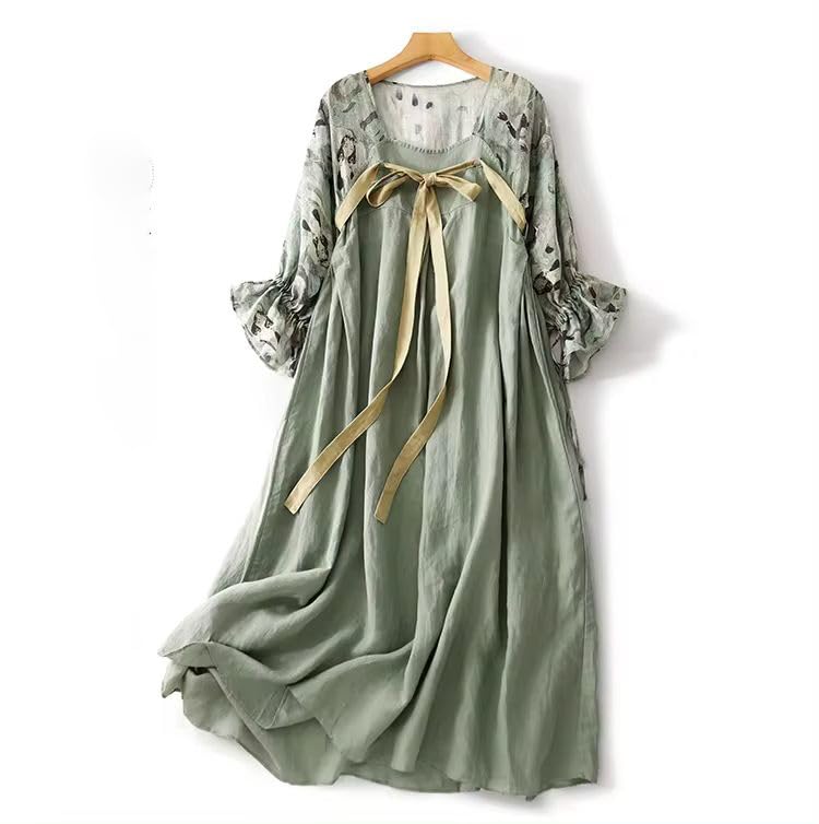 Robe style chinois patchwork en coton lin ample pour masquer les rondeurs