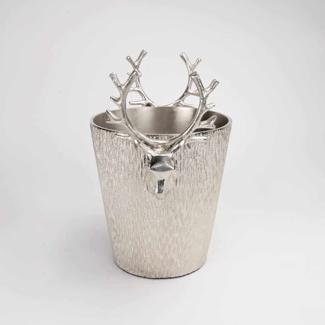 CasaGold Stag Aluminium Wine Cooler/Ice Bucket/Wine Cooler/Ice Bucket Nickel Aluminium Plated with Textured Finish, Champagne Chiller, Restaurant Home Gift Purpose (Stag Head Silver)