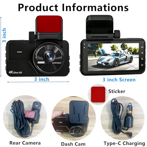 Dual Dash Cam Front and Rear, 4K+2K Dash Camera for Cars, Front Rear Dashcam G-Sensor, 170° Wide Angle, 3" IPS Screen, 24H Parking Monitor, Loop Recording, WiFi & APP Control, with 64GB Card - image 7