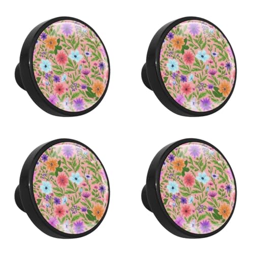 NUEAHEDN 4 PCS Aesthetic Colored Flowers Cabinet Knobs, Bathroom Drawer Pulls Handles, Round Dresser Knobs Door Knobs for Kitchen Cupboard Nursery Wardrobes
