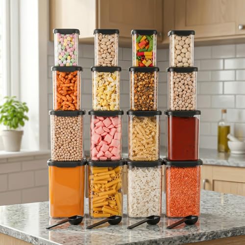 Image of Kitchen Storage Set Of 16 Airtight Containers Set For Kitchen Storage And Containers Box For Pantry Organization And Container For Kitchen Storage Containers Set of 16-(350ml+650ml+950ml+1400 ml)