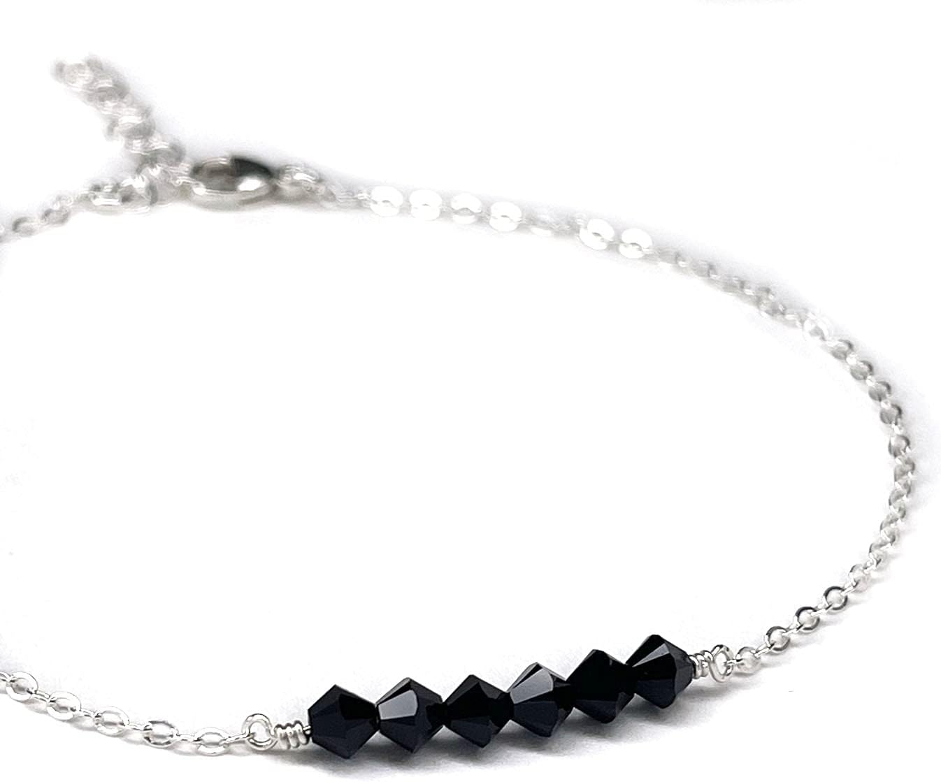LeSilveStone Black Crystal Sterling Silver anklet for women, adjustable simple dainty minimalist chain ankle bracelet - Handcrafted in the USA.