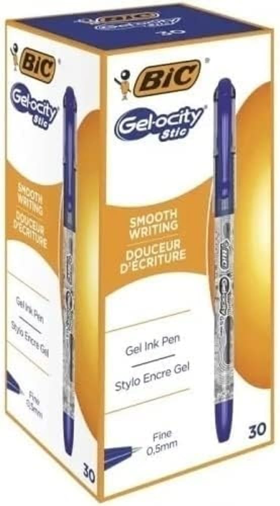BIC Gel-ocity Stic Bolígrafos de Gel Punta Fina 0,5mm, Azul, Pack de 30
