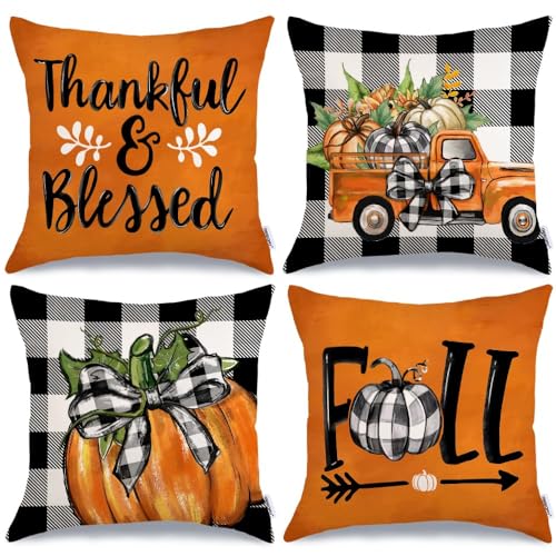 GEEORY Fall Decorative Throw Pillow Covers 20 x 20 Inch Set of 4, Pumpkins Thankful Blessed Buffalo Plaid Fall Decor Outdoor Farmhouse Pillow Cases for Home Couch (Orange Color) G337-20