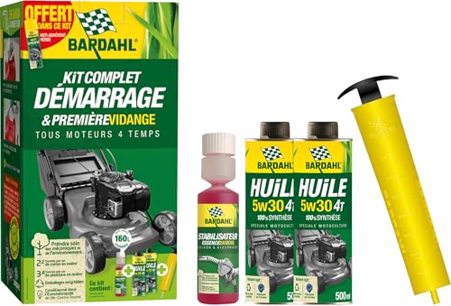 BARDAHL - Kit Complet de Démarrage Moteur 4 Temps - Idéal Tondeuse, Motoculteur et Autoportée - Contient Huile, Stabilisant et Seringue Vidange